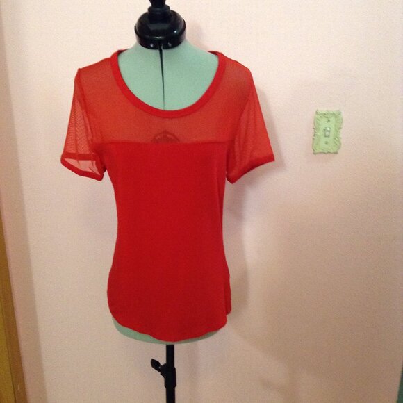 Red Short-Sleeved Jersey Mesh Illusion Top - Picture 1 of 4
